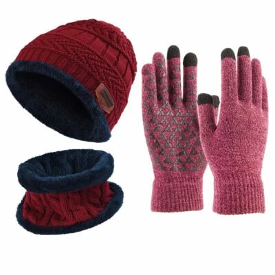 3Pcs Set Winter Knit Beanie Hat Scarf Touch Screen Ski Gloves Cap Warm Men Women - Image 1 of 4