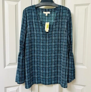 Michael Kors Tweed Haberdashery Print Georgette Bell Sleeve Tunic, Size-L - Picture 1 of 4