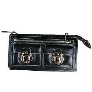 Marc Jacobs Wallet Clutch Purse Black Leather Zip Silvertone Buckles Pockets - Picture 1 of 17