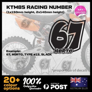 3x Calcomanías adhesivas de vinilo personalizadas KTM85 Racing matrícula motocicleta - Imagen 1 de 7