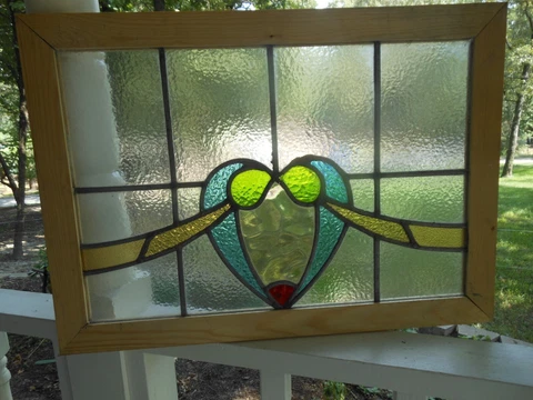Reframed Older Pretty English Leaded Stain Window 25 7/8" X 18 1/4" NICE COLORS! Cover