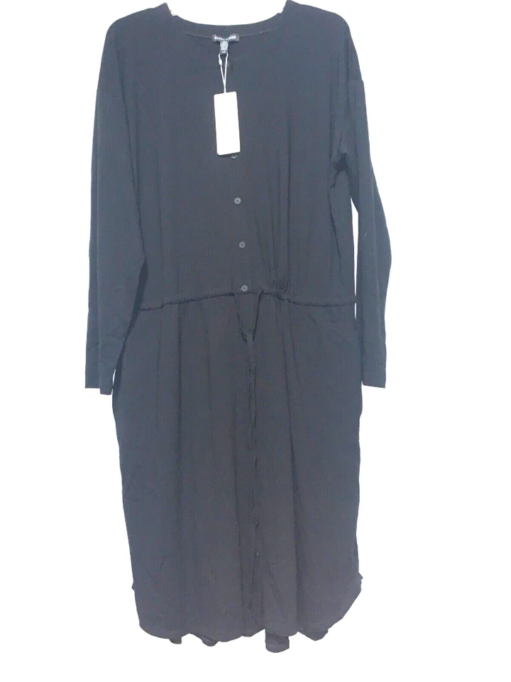 Eileen Fisher Black Viscose Drawstring Waist RNDNK K/l Dress Large L Rt208