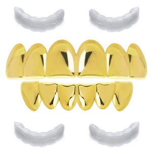 Hip Hop Plain GRILLZ SET Gold Plated Top Bottom Cap Teeth LS 636 G 2 extra Bar - Picture 1 of 4