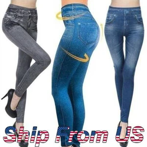 Women's Skinny Sexy Jeggings Slimming Leggings Faux Denim Jeans Pants Trousers - Picture 1 of 23