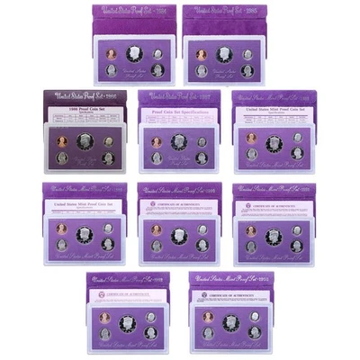 1984-1993 Proof Set Run Original Purple Box 10 Sets 50 Coin Lot US Mint - Image 1 of 4