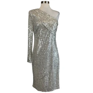 Vince Camuto Women's Cocktail Dress Size 8 Silver Sequined One Shoulder Sheath - Picture 1 of 13