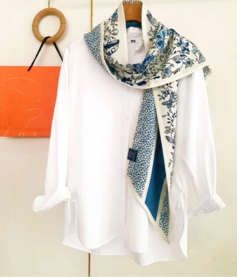 Pañuelo cuadrado 70% cachemir 30% seda para mujer pañuelo estampado de hojas azules 160X22 cm envolvente Foto 1 de 3