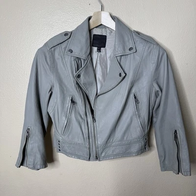 Chaqueta Joie Mujer Grande Gris Moto Recortada Cremallera Completa Cuero Cordero Seda Manga 3/4 Foto 1 de 4