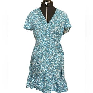 Naggoo Wrap Ditsy Floral Blue and White Dress Flutter Sleeves Ruffles V-neck S - Picture 1 of 13