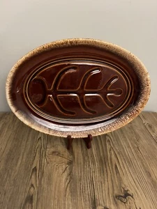HULL Oven Proof USA 14" Oval Ribbed Steak Platter Brown Drip Pottery Plate Dish - Picture 1 of 4