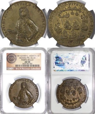 1739 Admiral Vernon Porto Bello Colonial Copper NGC AU 58 EX; NEWMAN - Image 1 of 4