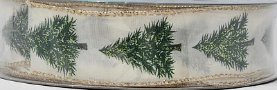 1.5 inch x 50 Yards Wired Premium Ribbon Christmas Trees on Ivory w/Gold Trim - Image 1 of 2