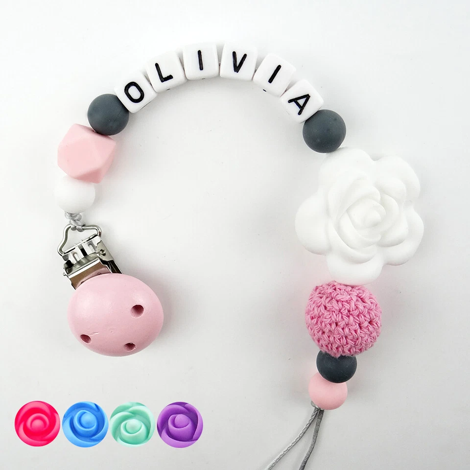 HANDGEFERTIGT Schnullerkette mit Namen DIY Silikon Rose Blume Baby Geburt Nuckelkette Geschenk