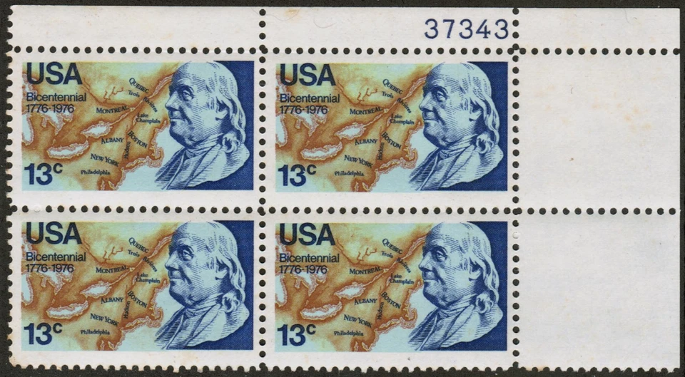 US USA Sc# 1690 MNH FVF PLATE# BLOCK Benjamin Franklin & Map North America - Image 1 of 1