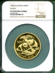 1988 PANDA GOLD CHINA 5 OZ NGC PF 69 ULTRA CAMEO - Picture 1 of 2