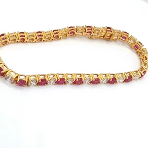 4CT Ruby & Simulated Diamond Tennis Bracelet in 14K Yellow Gold Plated Brass 7" - Picture 1 of 10