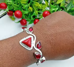 Bracciale gioiello in argento sterling 925 con pietre preziose in corallo e g... - Foto 1 di 5
