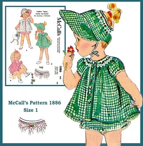McCall's 1886 Toddler's DRESS w BONNET Easy Embroidery Size 1 Year Reproduction - Picture 1 of 3