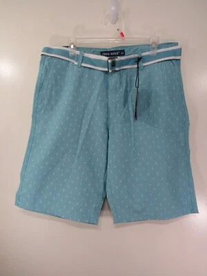 Novo Shorts Masculino True Rock Tamanho 34 Azul Claro Branco Âncoras Cinto Frente Plana  - Imagem 1 de 4
