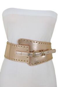 Women Wide Elastic Rose Gold Faux Leather Fashion Hip Waist Belt Metal Studs S M