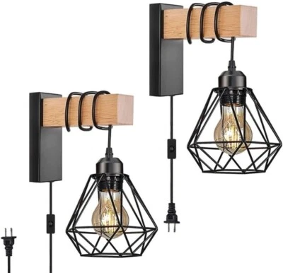 2 Industrial Modern Black Wire Cage & Wood Wall Sconce Plug Wall Lights #N13 - Image 1 of 4