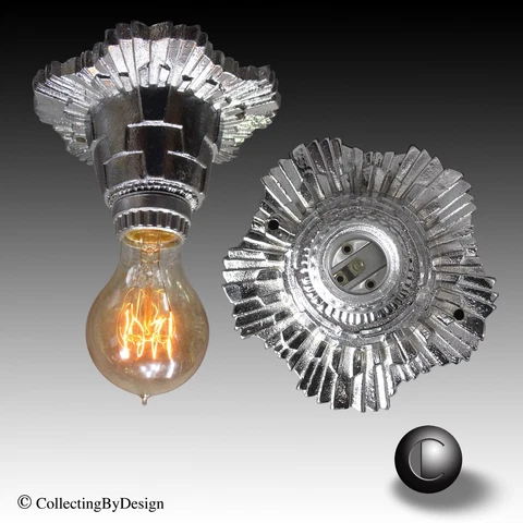 1930 LAPCO Sunburst Skyscraper Art Deco Chrome Ceiling Fixtures (2 Available) Cover