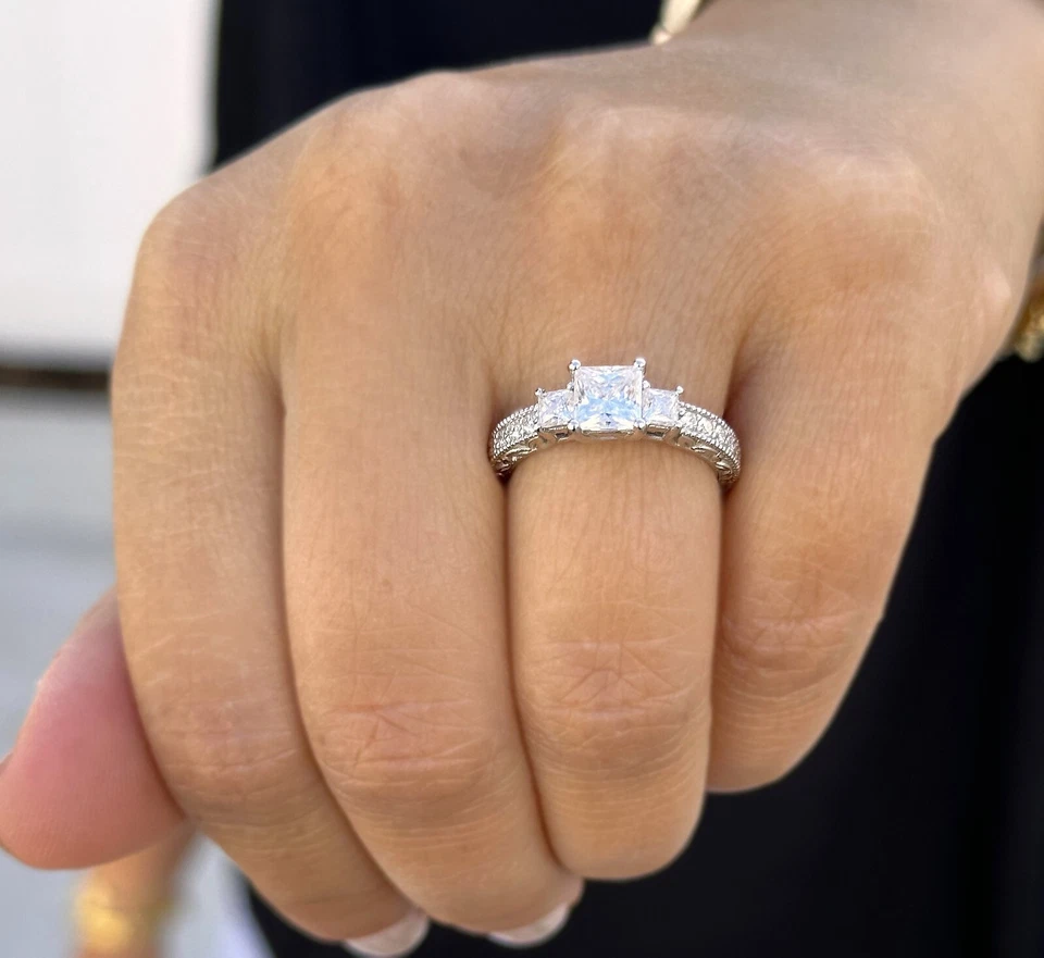 Princess Diamond Engagement Ring Three Stone IGI Certified 14k White Gold 1.60ct - Image 1 of 4