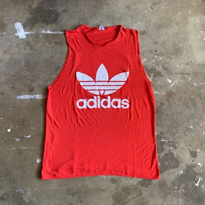 70s - 80s VINTAGE ADIDAS MUSCLE TEE T-SHIRT RED MEN SZ M PAPER THIN & DISTRESSED - Image 1 of 4