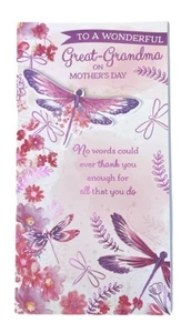 Biglietto Festa della Mamma Grande Nonna - Libellule Lilla Rosa Foglio Lilla 9x4,75" - Foto 1 di 3