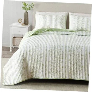 Floral King Quilt Set with Shams, Green Floral Bedding Set, All-Season, - Picture 1 of 7