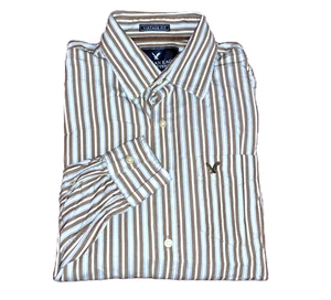 Camisa Para Hombres AMERICAN EAGLE Rayas Abotonada GRANDE Manga Larga Marrón Blanco Pin - Imagen 1 de 5