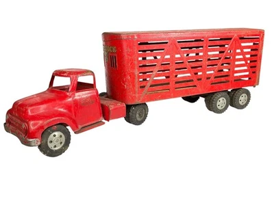 Винтажный 1950-х Tonka скота полу грузовик крупного рогатого скота трейлер красный прессованная сталь игрушка # - Изображение 1 из 4
