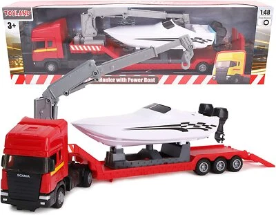 Toyland® Scania Flatbed Hauler Transporter Truck With Power Boat -(BT256-RED) - Image 1 of 4