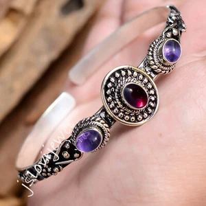 Mozambique Garnet & Amethyst Gemstone 925 Sterling Silver Vintage Cuff Bangle - Picture 1 of 5