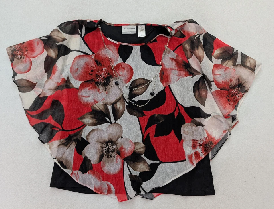 Collar Alfred Dunner Para Mujer Top Talla 16P Negro Rojo Blanco Estampado Floral Flutter Foto 1 de 4