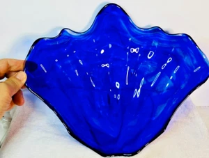 Glass Blown Art Glass Oyster Shell Large Dish Tray Cobalt Blue - Picture 1 of 6