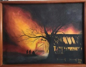 Vtg Oil Painting 24× 18 Firemen Fighting A Burning Barn Signed Ang 99 - Picture 1 of 8