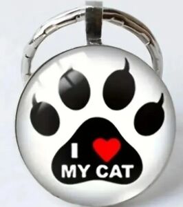 I Love My Cat Pawprint Metal Keyring Bag Charm Pendant Black Cat + FREE GIFT