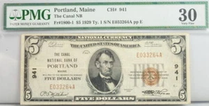 1929 $5 Dollar Maine National Bank Note FR 1800-1 PMG Certified 30 VF Currency - Picture 1 of 2