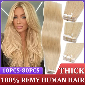 Tape In Human Hair Extensions Russian Real Remy Skin Weft Full Head THICK Blonde - Picture 1 of 83