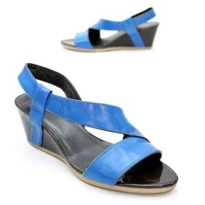 Camper Ladies 39 (about 9) Blue Leather Strappy Slingback Wedge Heels Sandals - Picture 1 of 11