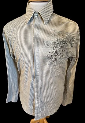 Camisa Roar Beige Marrón Rayas Bordada Manga Larga Botón Delantero Talla Grande Foto 1 de 4