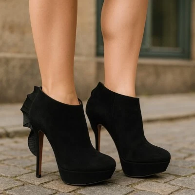 Nicholas Kirkwood Boots 10 Womens Black Ruffle Suede Bootie Stiletto Closed Toe - Image 1 of 4