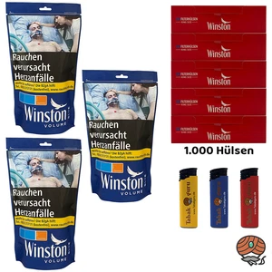 Winston Blue/Blau Volumentabak Beutel 3x 110g, 1000 Winston Hülsen, Feuerzeuge