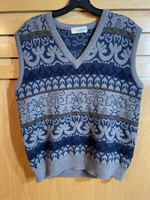 Chaleco Pullover Vintage Camela Mezcla Lana de Cordero Cuello en V Talla 38 Azul Gris Foto 1 de 4