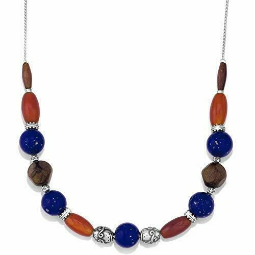 Brighton Silvertone Sol Blue Orange Brown Wood Beaded Long Necklace Jl1613