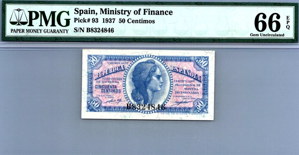 Spain 50 Centimos 1937 PMG 66 EPQ GEM UNC Pick # 93 - Image 1 of 3