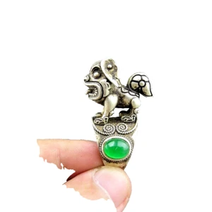 China,jade,pure silver,natural jade,Jadeite jade inlay, Lion ring,banzhi P(802) - Picture 1 of 7