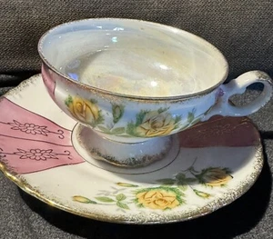 Vintage Bone China Teetasse und Untertasse Set gelbe Rosen, rosa Gold Akzente irisierend - Bild 1 von 20