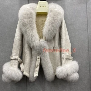 Womens Real Fox Fur Collar Coat Real Rabbit Fur Lining Leather Short Jacket Warm - Picture 1 of 13